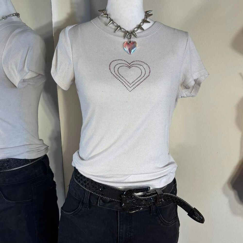Y2K Rhinestone Heart Ribbed Baby Tee | Fits XS/S